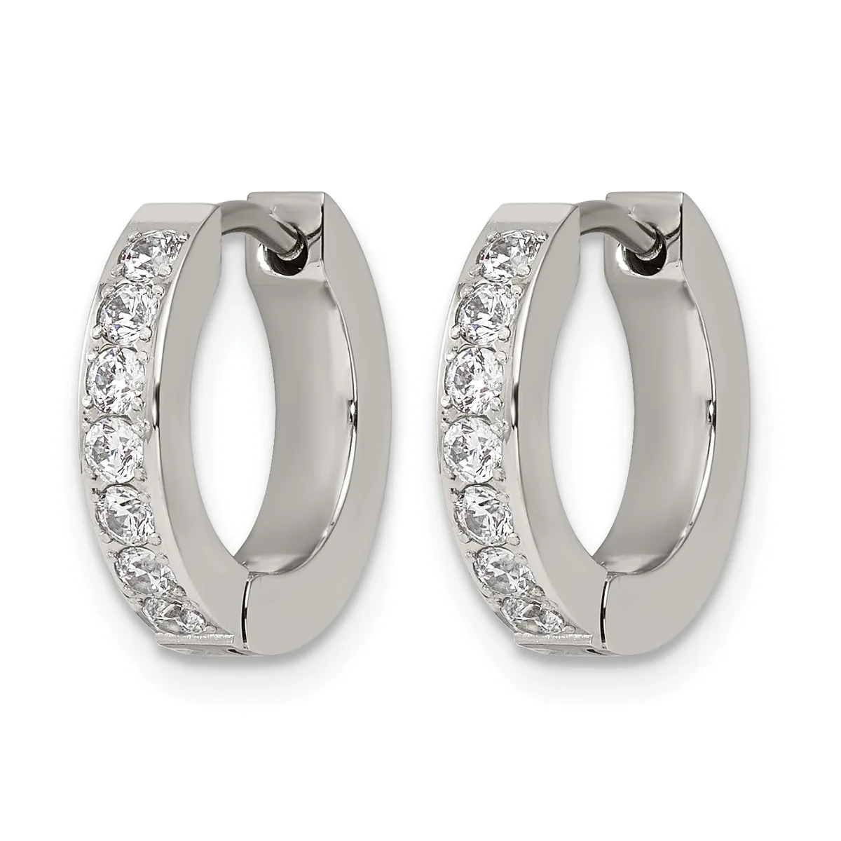 A pair of silver hoop earrings with diamond accents along one side, shown from the front against a white background.