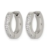 A pair of silver hoop earrings with diamond accents along one side, shown from the front against a white background.