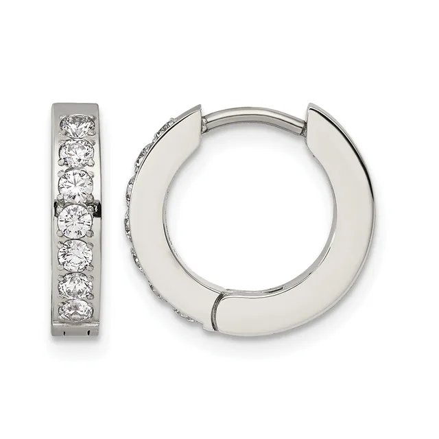 Pair of silver-tone huggie hoop earrings with channel-set round cubic zirconia stones along the front surface, shown from front and side angles.