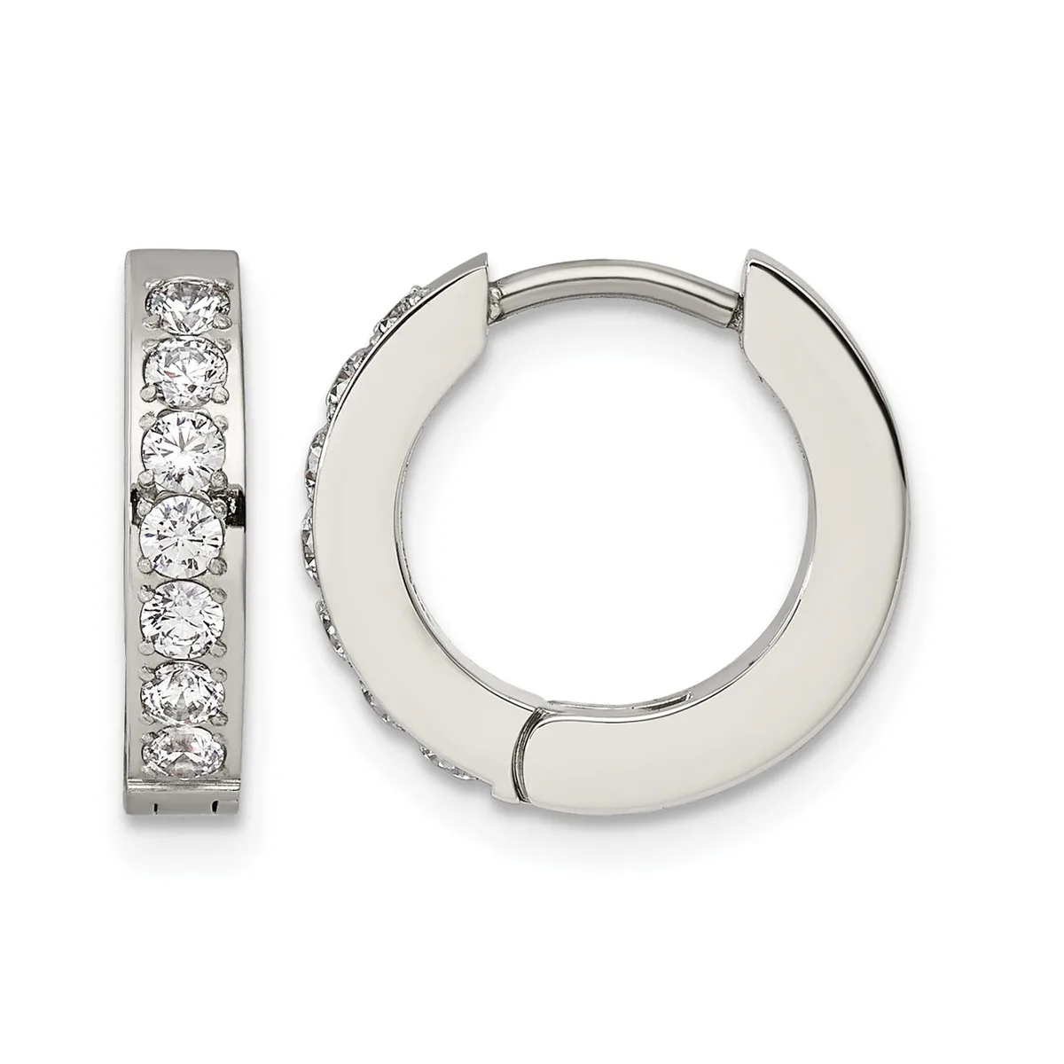 Pair of silver-tone huggie hoop earrings with channel-set round cubic zirconia stones along the front surface, shown from front and side angles.