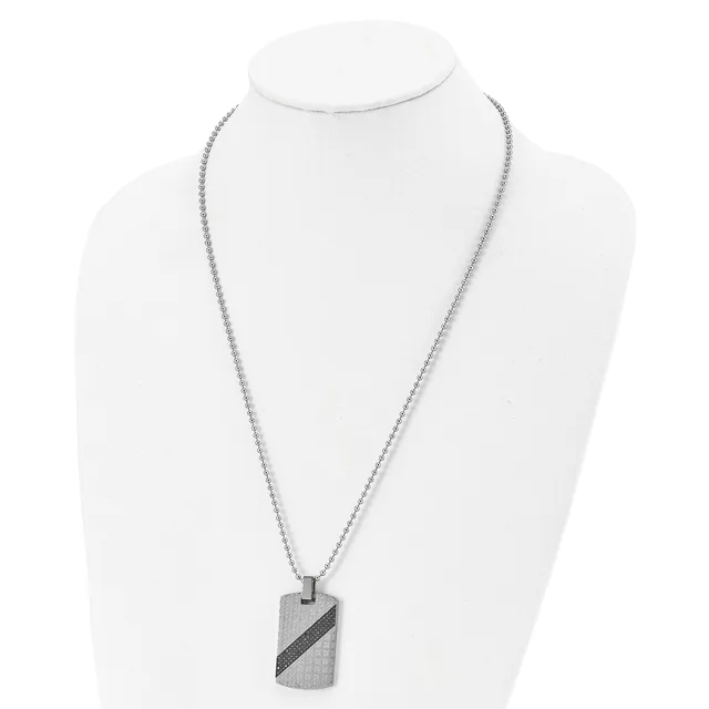 A rectangular stainless steel pendant necklace with a diagonal black stripe detail, displayed on a white mannequin bust.