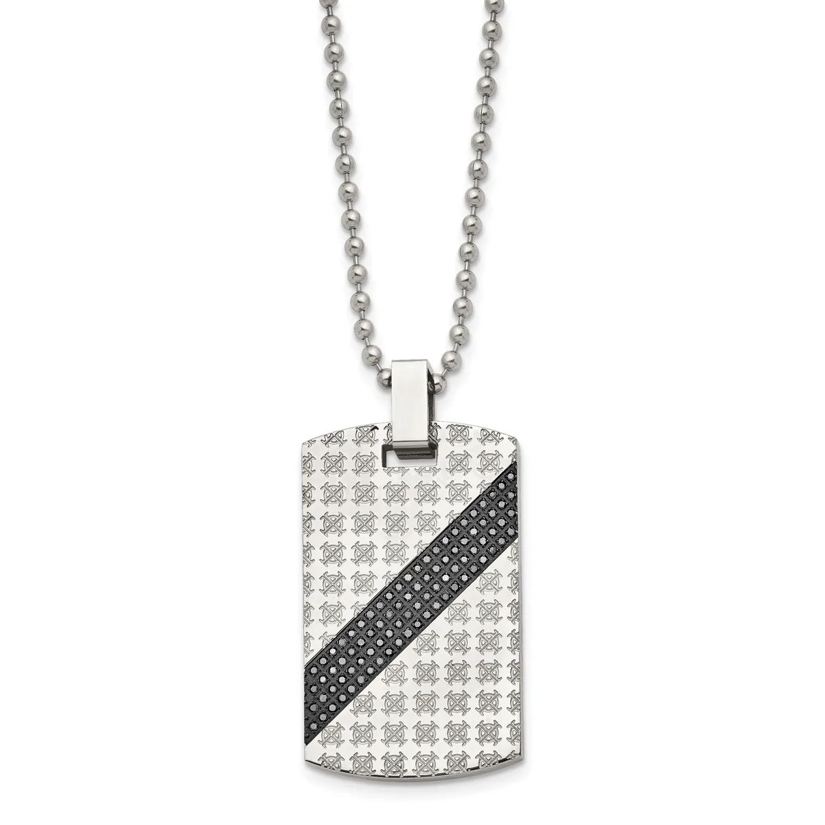 Stainless steel dog tag pendant with textured geometric pattern and a black diagonal stripe, suspended from a ball chain necklace.