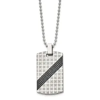Stainless steel dog tag pendant with textured geometric pattern and a black diagonal stripe, suspended from a ball chain necklace.