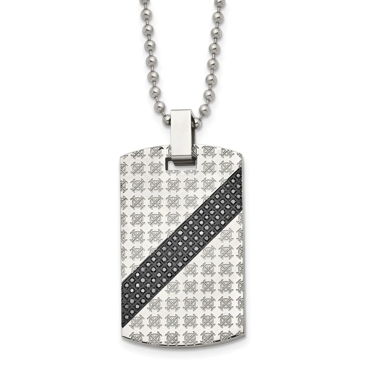 A stainless steel dog tag pendant with repeating geometric pattern and a black diagonal stripe with crystal accents, suspended from a ball chain necklace.