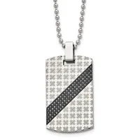 A stainless steel dog tag pendant with repeating geometric pattern and a black diagonal stripe with crystal accents, suspended from a ball chain necklace.