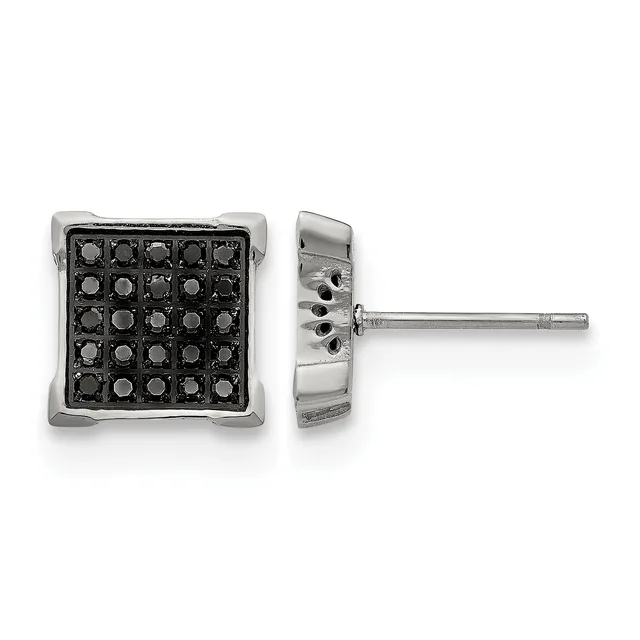 A pair of square stud earrings with a grid pattern of black stones set in a silver-toned metal setting, shown from front and side views with a post and backing visible.