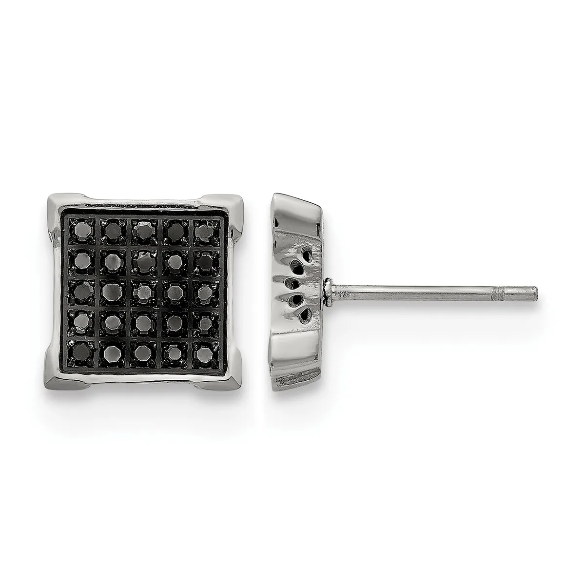 A pair of square stud earrings with a grid pattern of black stones set in a silver-toned metal setting, shown from front and side views with a post and backing visible.