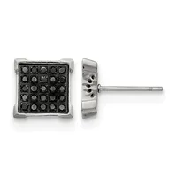 A pair of square stud earrings with a grid pattern of black stones set in a silver-toned metal setting, shown from front and side views with a post and backing visible.