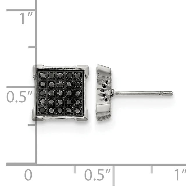 Square stud earrings with black gemstones set in a grid pattern on rhodium-plated metal, shown front and side view with a ruler for scale.