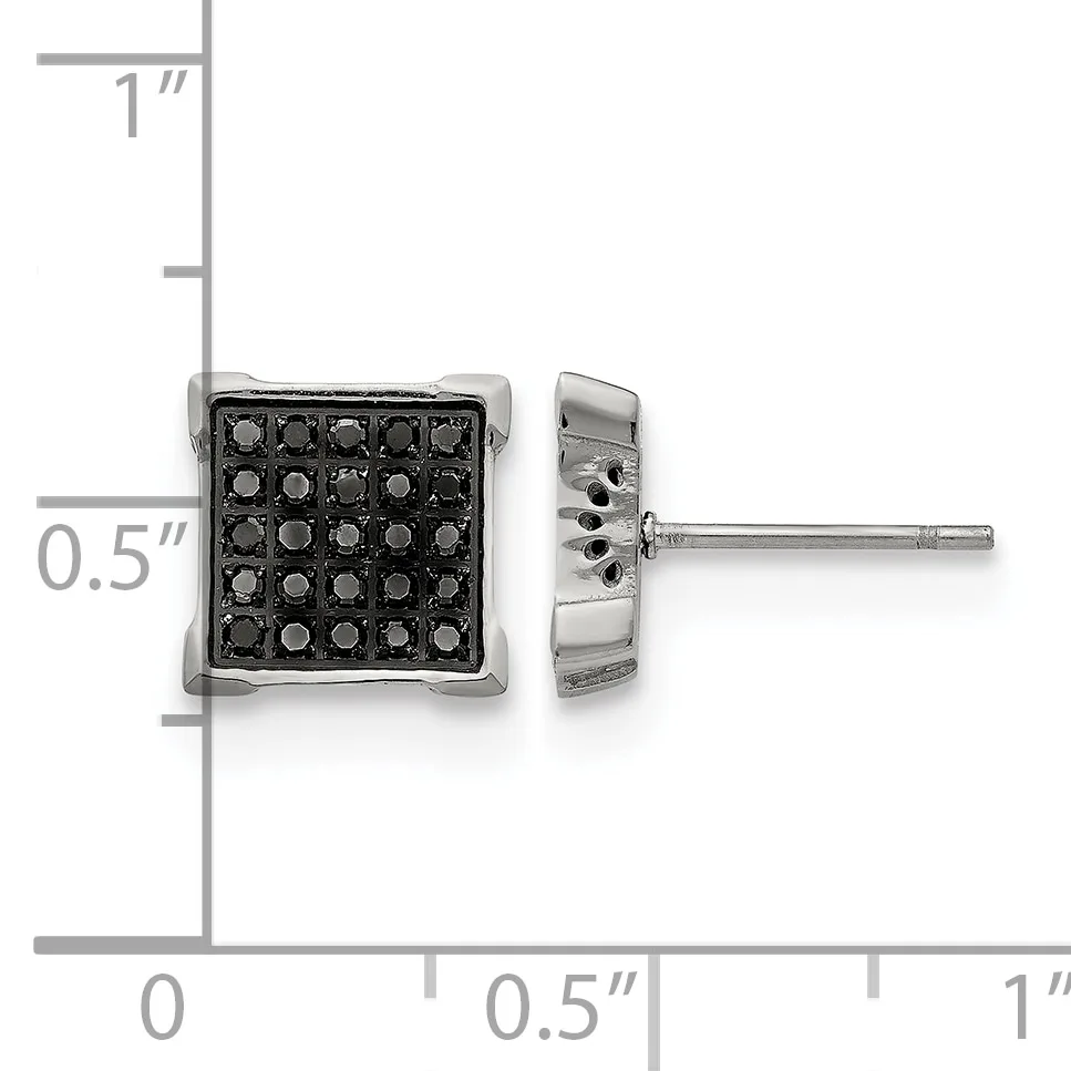 Square stud earrings with black gemstones set in a grid pattern on rhodium-plated metal, shown front and side view with a ruler for scale.