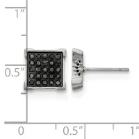 Square stud earrings with black gemstones set in a grid pattern on rhodium-plated metal, shown front and side view with a ruler for scale.
