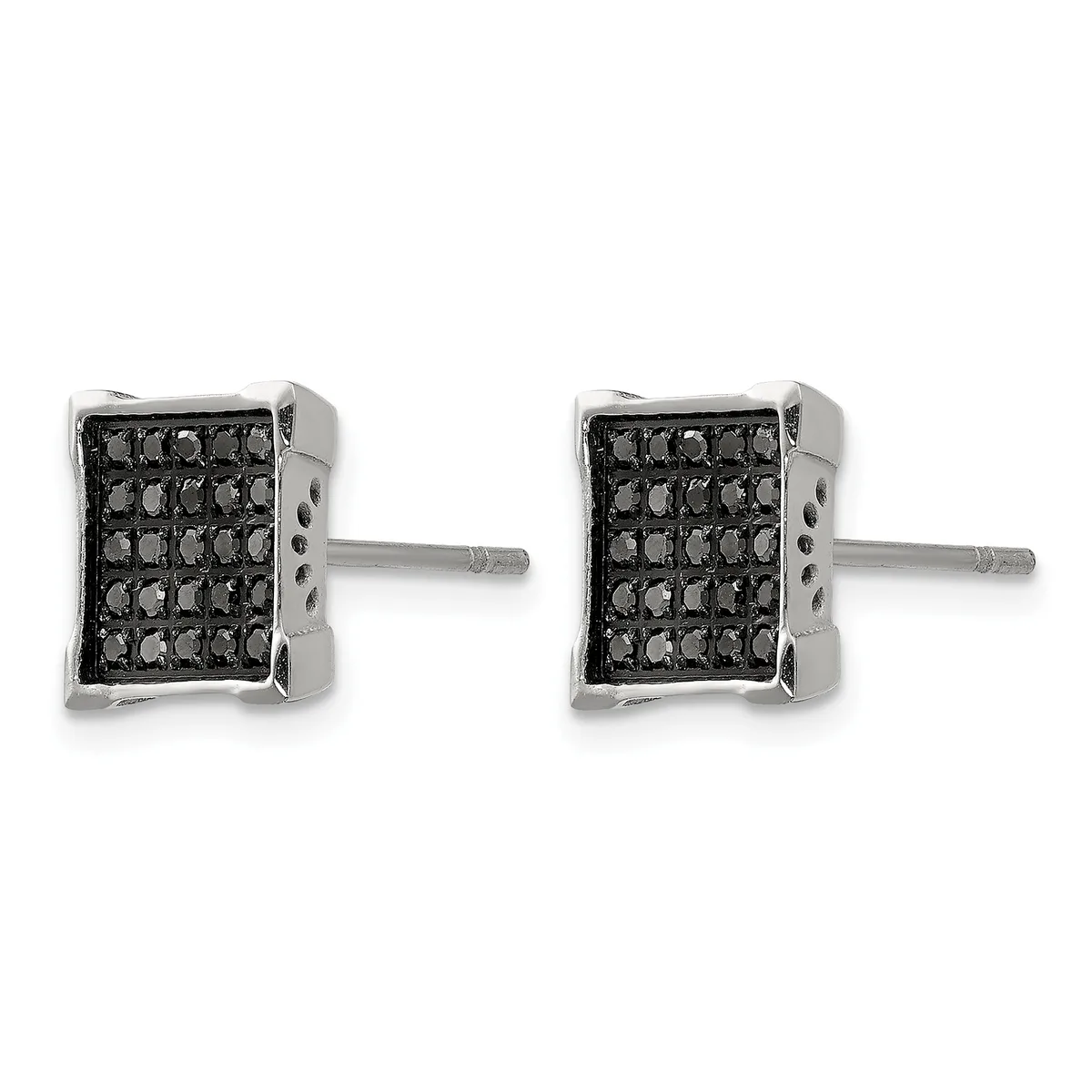 Pair of square stud earrings with silver settings containing black gemstones arranged in a grid pattern, shown from the front with posts and backs visible.