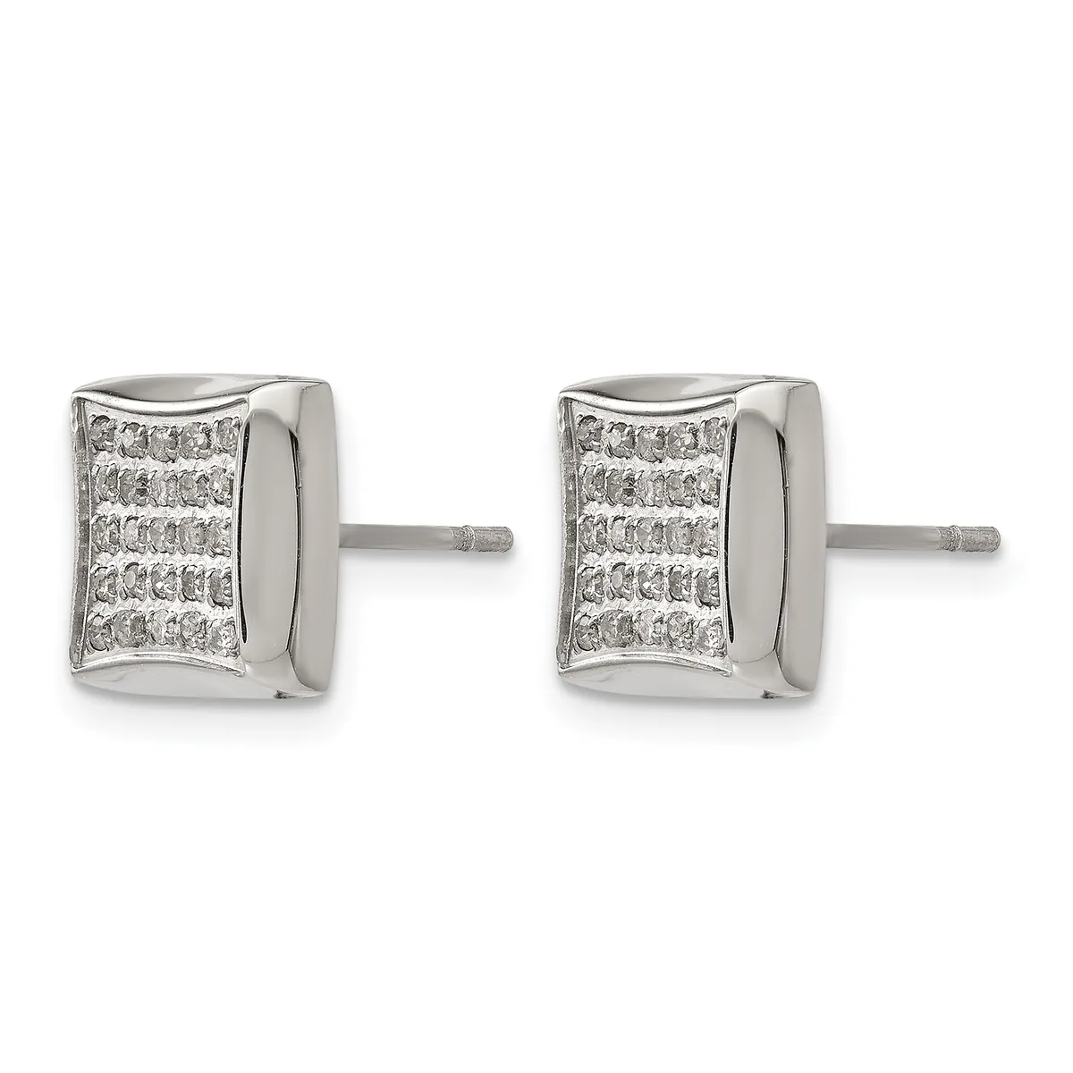 Pair of square stud earrings in silver with pave-set diamonds arranged in rows, shown from the front with posts and backs visible.