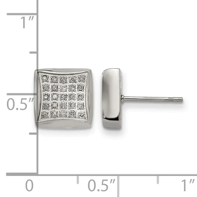 Silver stud earrings with cushion-shaped faces set with small round diamonds in a grid pattern, shown from front and side views with a measurement scale.