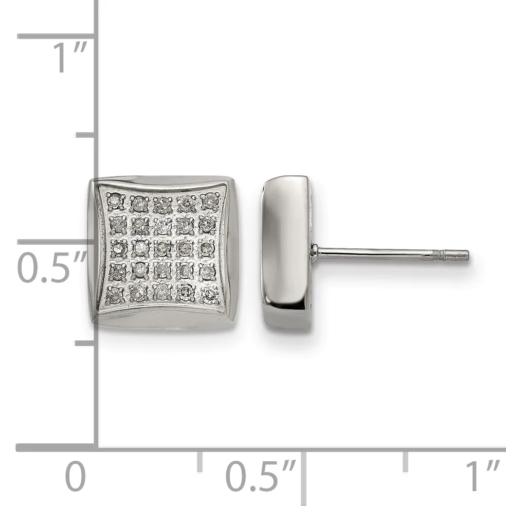 Silver stud earrings with cushion-shaped faces set with small round diamonds in a grid pattern, shown from front and side views with a measurement scale.