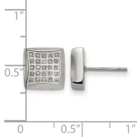 Silver stud earrings with cushion-shaped faces set with small round diamonds in a grid pattern, shown from front and side views with a measurement scale.