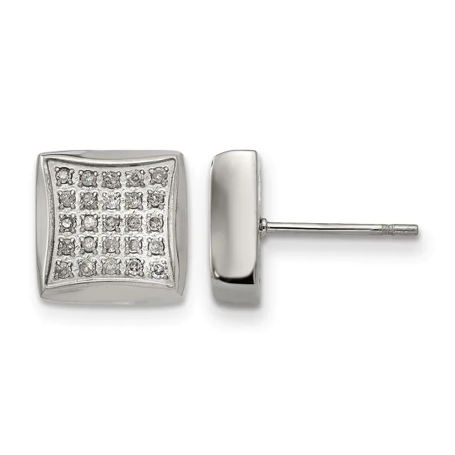 Pair of square silver stud earrings with curved sides, front face set with small diamonds in a grid pattern, shown from front and side views.