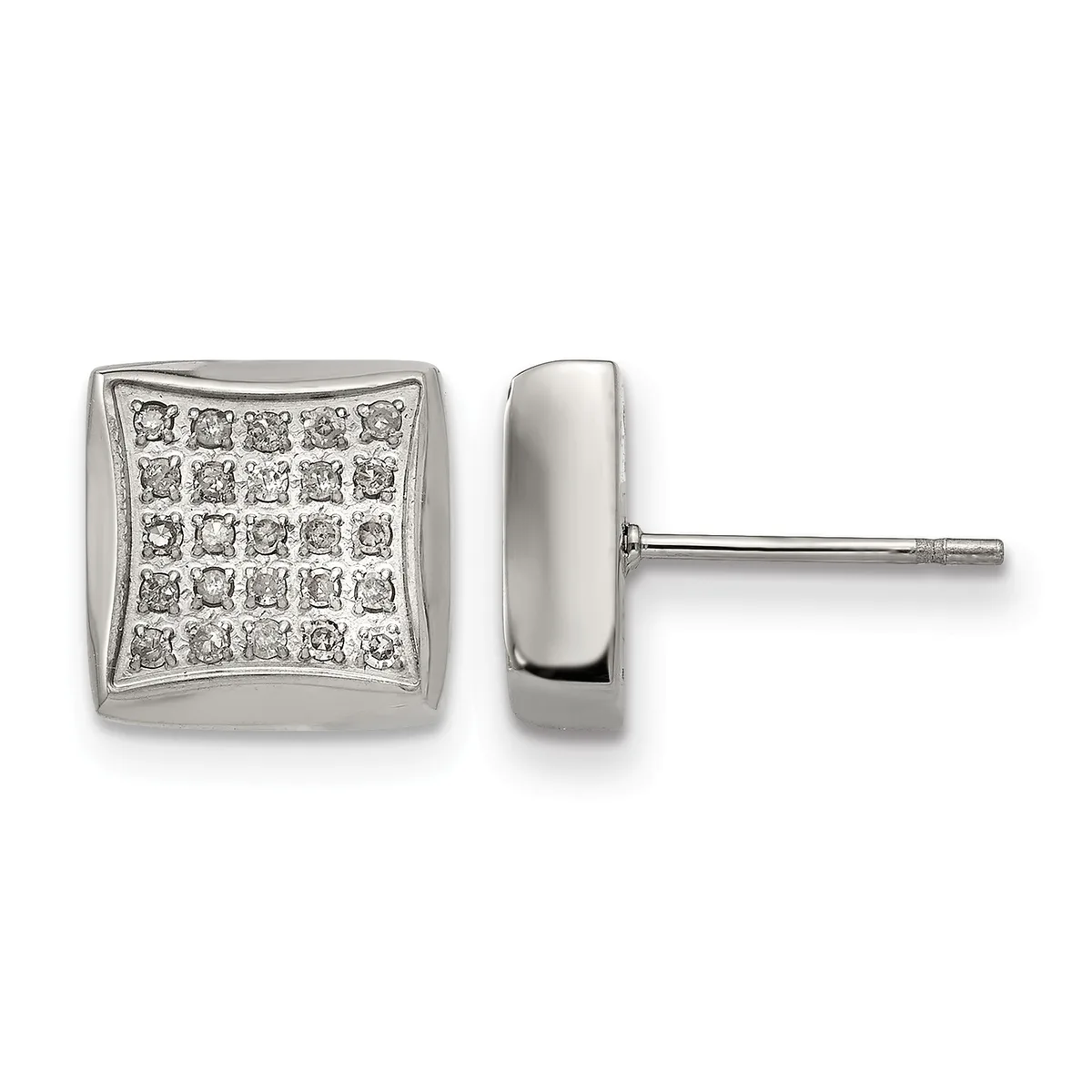 Pair of square silver stud earrings with curved sides, front face set with small diamonds in a grid pattern, shown from front and side views.