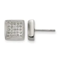Pair of square silver stud earrings with curved sides, front face set with small diamonds in a grid pattern, shown from front and side views.
