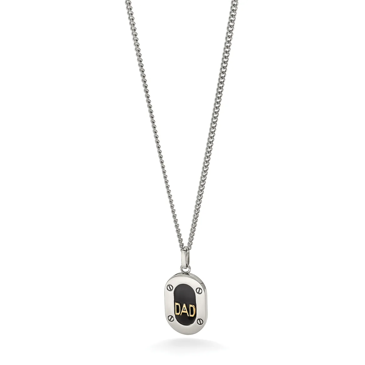 Silver pendant necklace with rectangular charm featuring black oval center engraved with "DAD" in gold lettering, suspended from a thin chain.