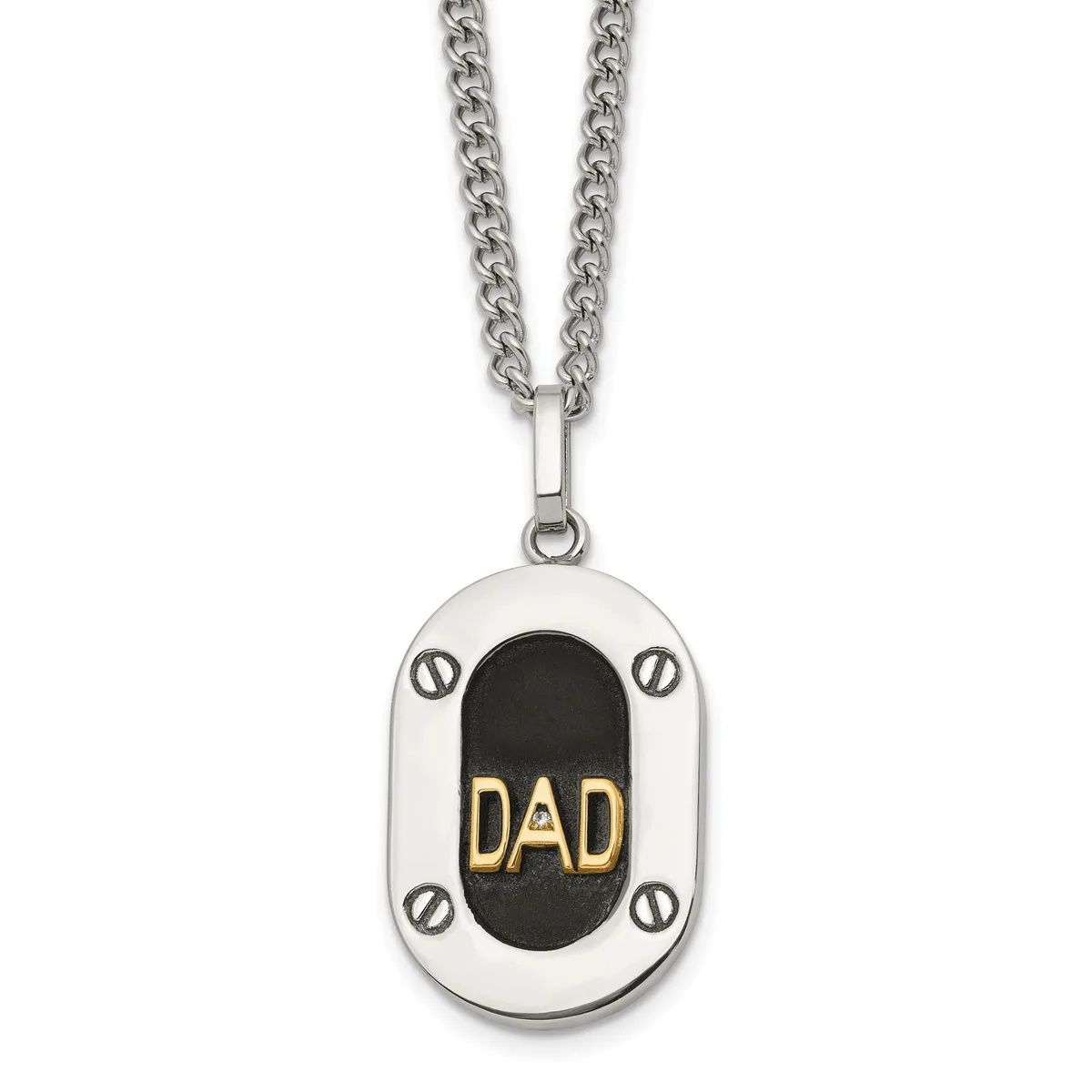 Silver pendant with black oval center displaying "DAD" in gold lettering, suspended from a silver curb chain.