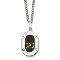 Silver pendant with black oval center displaying "DAD" in gold lettering, suspended from a silver curb chain.