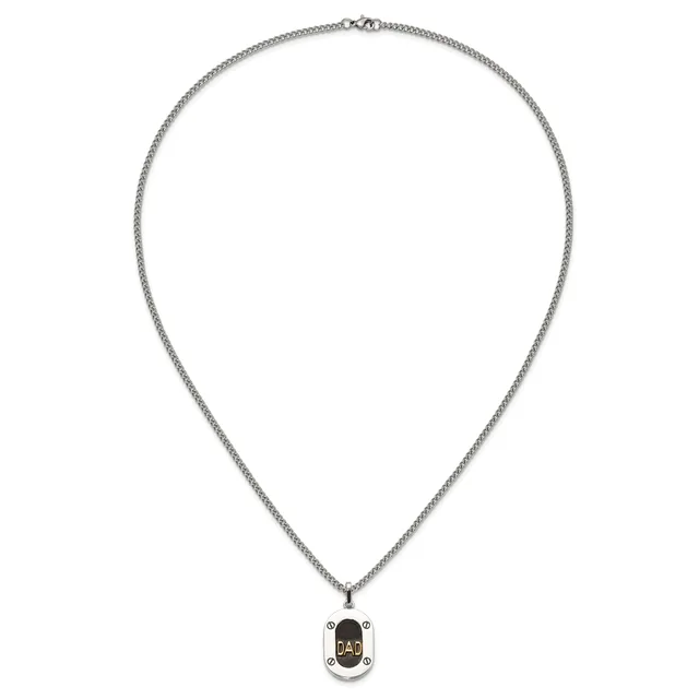 Silver-toned chain necklace with a rectangular pendant featuring a black oval stone or enamel center and small decorative corner details.