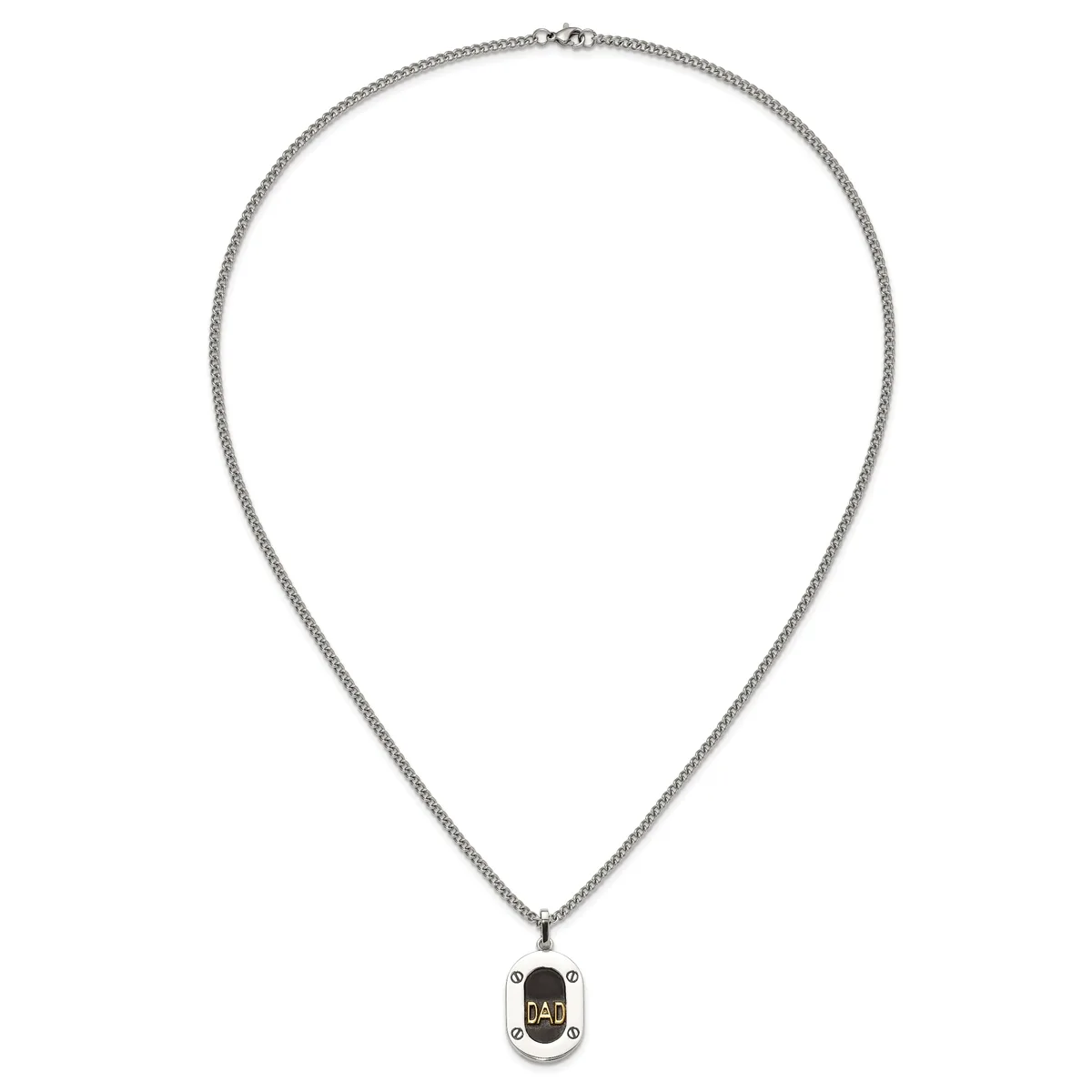 Silver-toned chain necklace with a rectangular pendant featuring a black oval stone or enamel center and small decorative corner details.