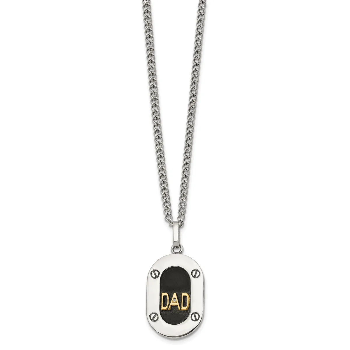 Silver-toned chain necklace with a rectangular pendant featuring a black oval center engraved with "DAD" in gold lettering, surrounded by four small screws.