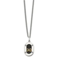 Silver-toned chain necklace with a rectangular pendant featuring a black oval center engraved with "DAD" in gold lettering, surrounded by four small screws.