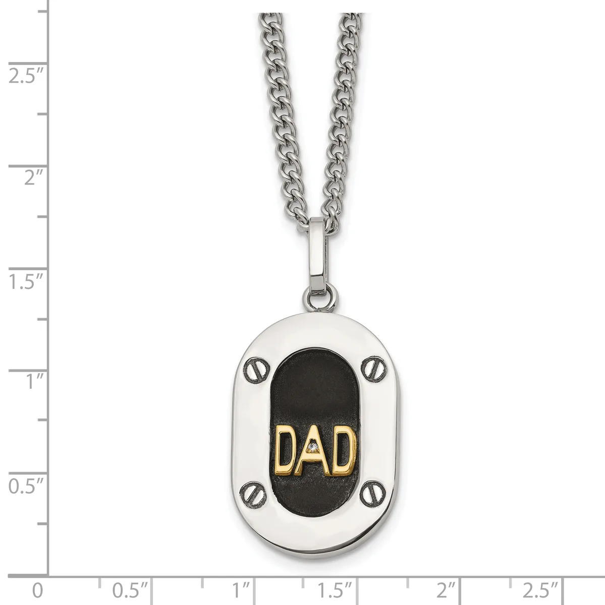 Stainless steel pendant necklace with oval dog tag design featuring black center with gold "DAD" text, silver screw details, and curb chain, shown against ruler measuring approximately 2.5 inches long.