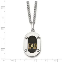 Stainless steel pendant necklace with oval dog tag design featuring black center with gold "DAD" text, silver screw details, and curb chain, shown against ruler measuring approximately 2.5 inches long.
