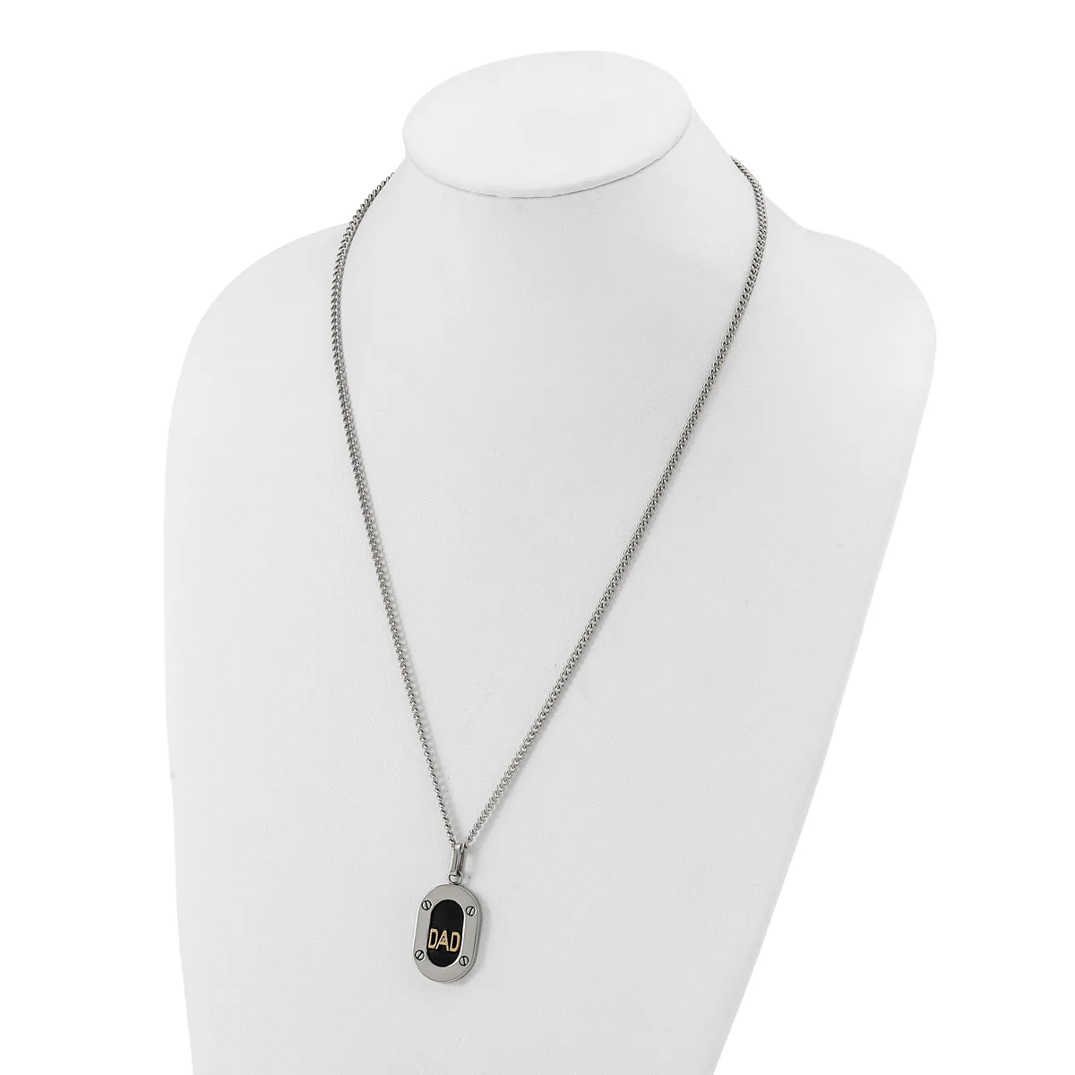 Silver-toned chain necklace with a small rectangular black pendant featuring a stamped hallmark, displayed on a white mannequin bust.