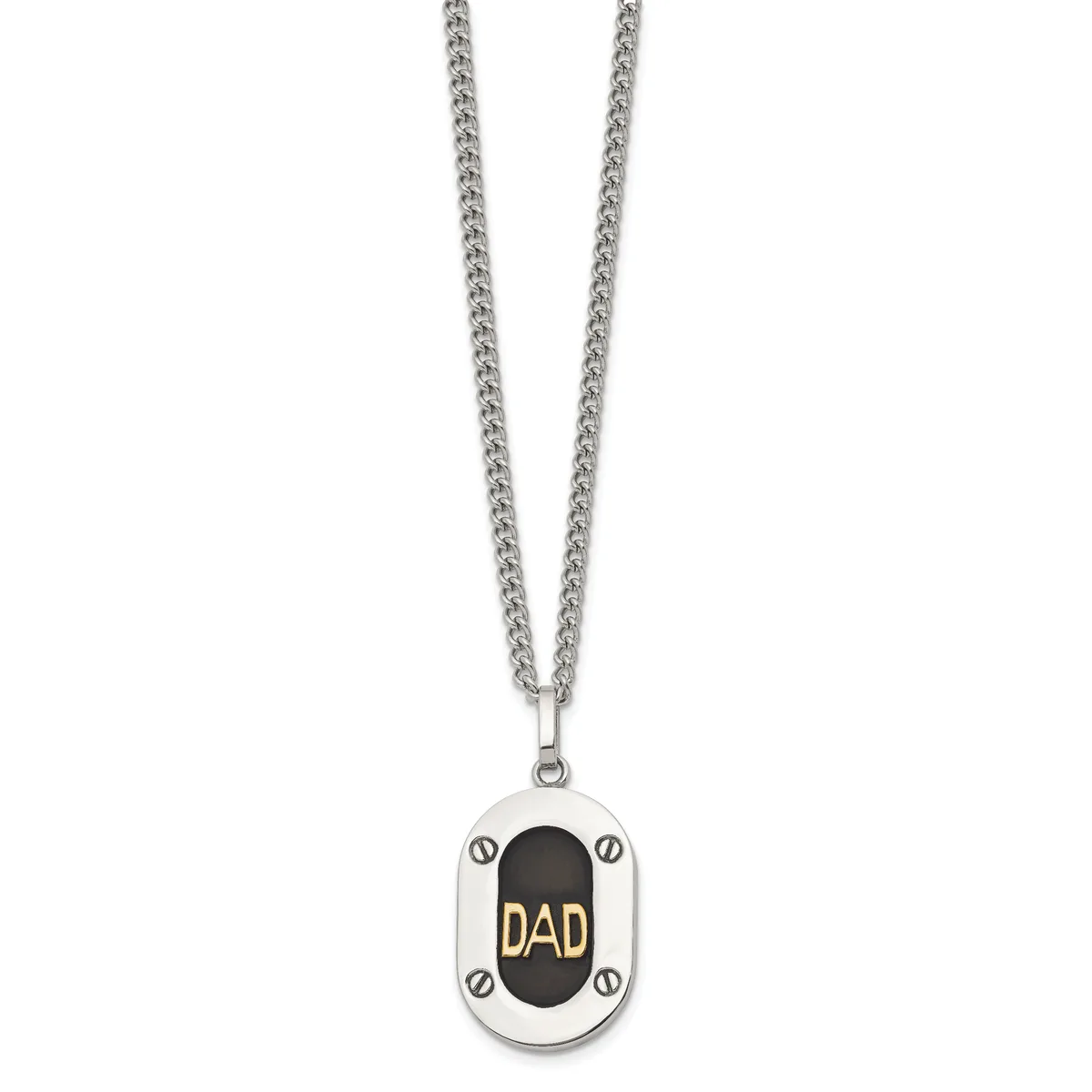 Stainless steel chain necklace with a rectangular pendant featuring a black oval center with gold "DAD" text, surrounded by small screws on a silver border.