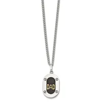 Stainless steel chain necklace with a rectangular pendant featuring a black oval center with gold "DAD" text, surrounded by small screws on a silver border.