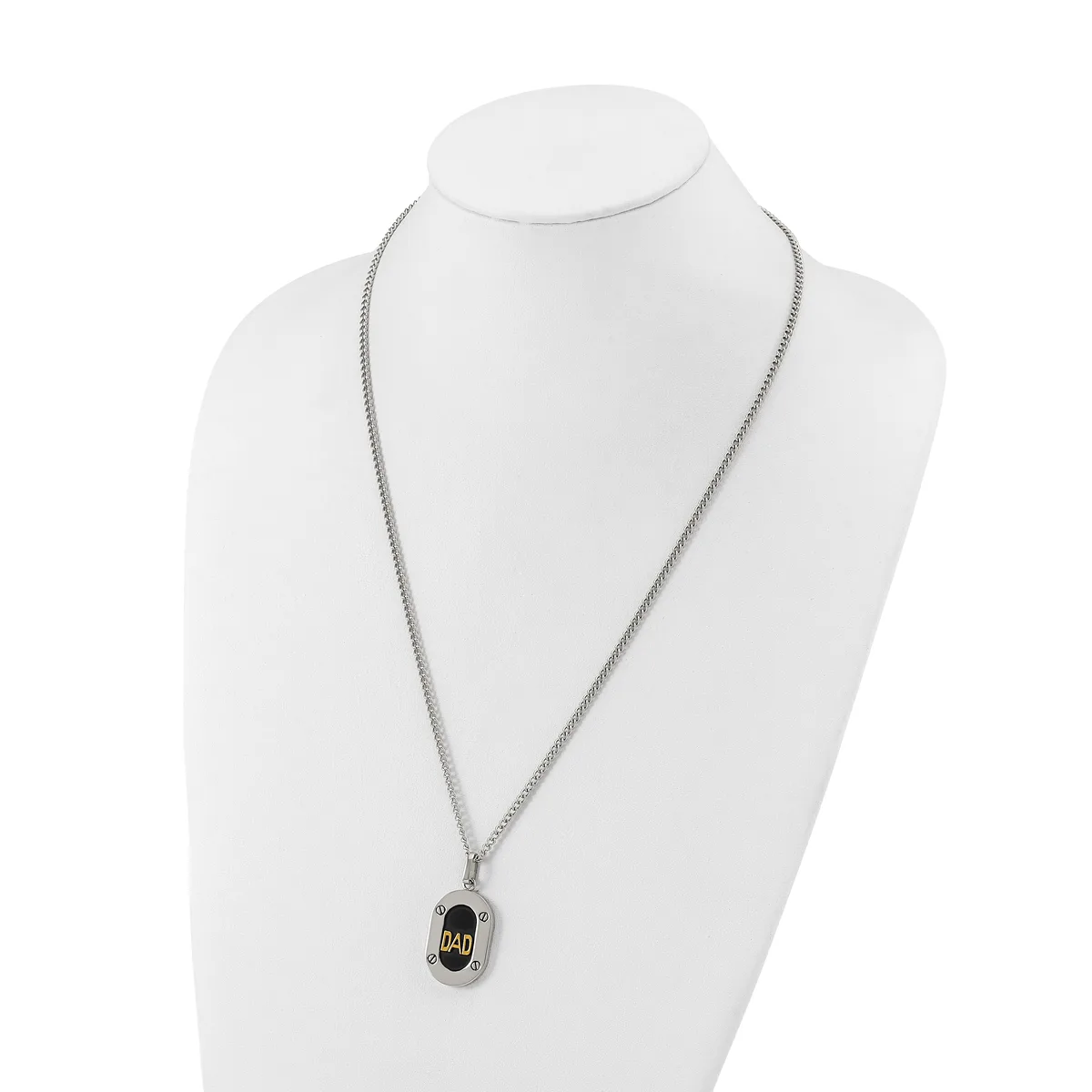 Silver-toned chain necklace with a small rectangular pendant featuring a black oval center with gold-toned accents, displayed on a white mannequin bust.