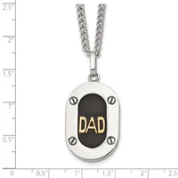 Stainless steel dog tag pendant with black center panel engraved "DAD" in gold lettering, suspended from a curb chain, displayed against a measurement scale.
