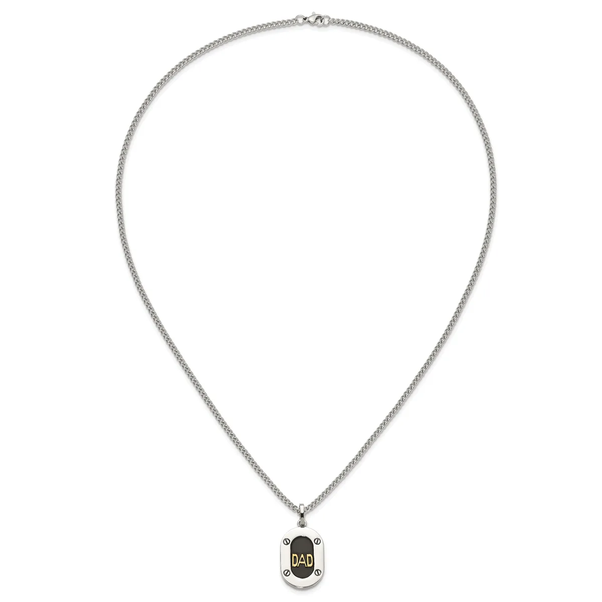 Silver-toned chain necklace with a small oval pendant featuring black enamel and gold lettering, displayed against a white background.