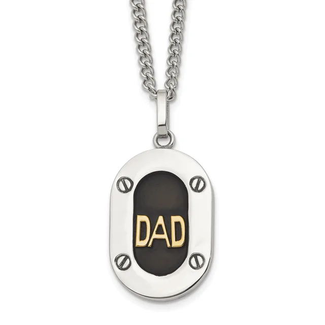 Silver-toned pendant necklace with a chain, featuring a rectangular dog tag-style charm with black center panel and gold-colored "DAD" text, surrounded by four small screw details.