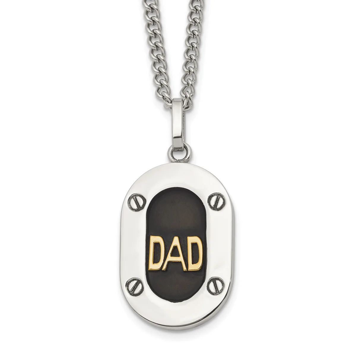 Silver-toned pendant necklace with a chain, featuring a rectangular dog tag-style charm with black center panel and gold-colored "DAD" text, surrounded by four small screw details.
