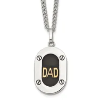 Silver-toned pendant necklace with a chain, featuring a rectangular dog tag-style charm with black center panel and gold-colored "DAD" text, surrounded by four small screw details.