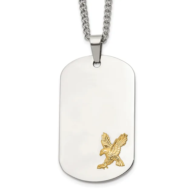 Stainless steel dog tag pendant with a gold-colored eagle design in the lower right corner, suspended from a curb chain.