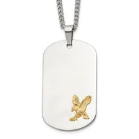 Stainless steel dog tag pendant with a gold-colored eagle design in the lower right corner, suspended from a curb chain.