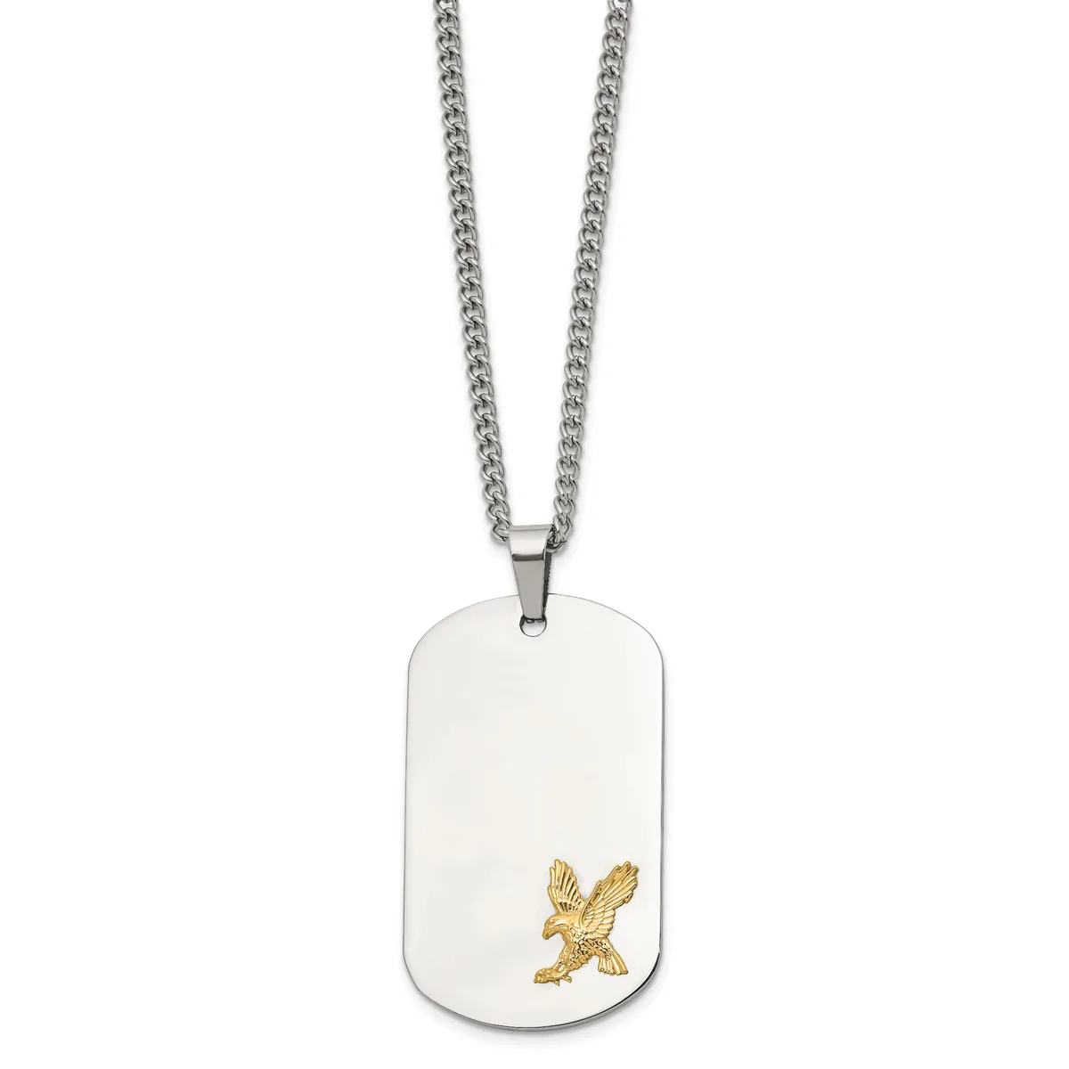 A stainless steel dog tag pendant with a gold-toned eagle design, suspended from a stainless steel chain.