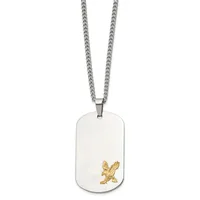 A stainless steel dog tag pendant with a gold-toned eagle design, suspended from a stainless steel chain.