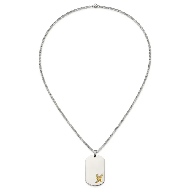Silver chain necklace with a rectangular white pendant featuring a small gold butterfly detail.