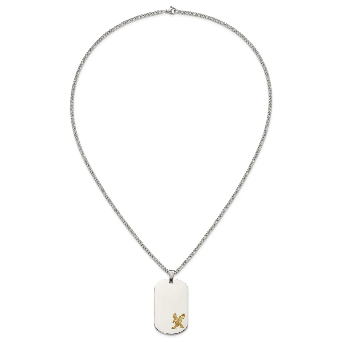 Silver chain necklace with a rectangular white pendant featuring a small gold butterfly detail.