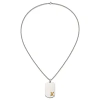 Silver chain necklace with a rectangular white pendant featuring a small gold butterfly detail.