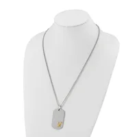 Silver-toned dog tag pendant necklace with a gold-toned letter X, displayed on a white mannequin bust.