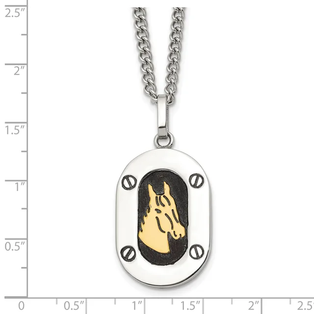 Stainless steel dog tag pendant with gold horse head on black center, four screws on white border, hanging from curb chain, shown against measurement scale.